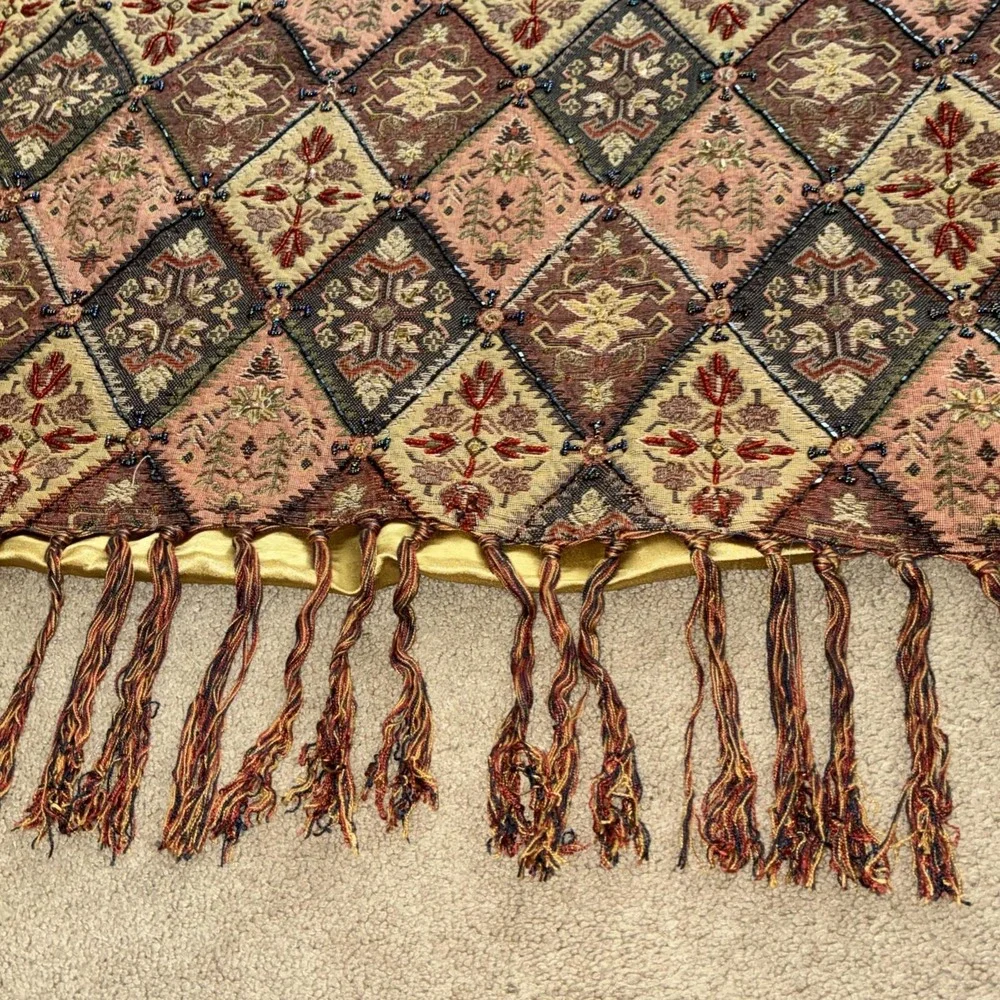 Vtg Pier 1 Tapestry Fringe Throw Blanket Boho Beaded Diamond Moroccan INDIA